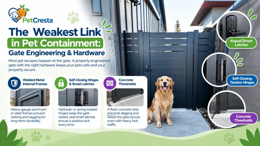 Full-privacy aluminum pedestrian gate with smart lock access to prevent accidental pet escapes