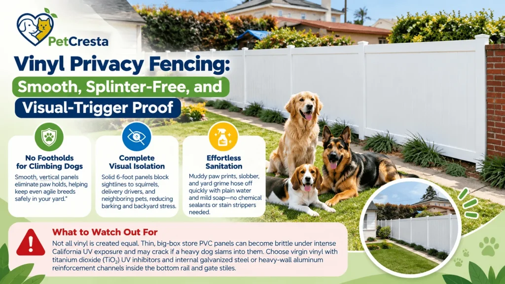 Full-privacy white vinyl fence installation in Los Angeles providing a splinter-free barrier for active dogs