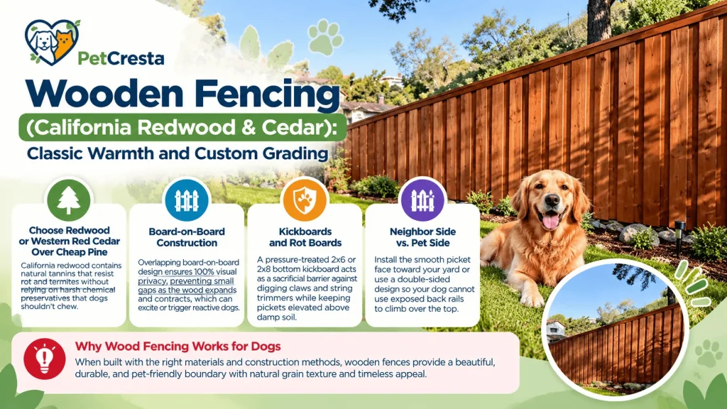 Custom stained California redwood privacy fence installed on a sloped yard with zero bottom gaps